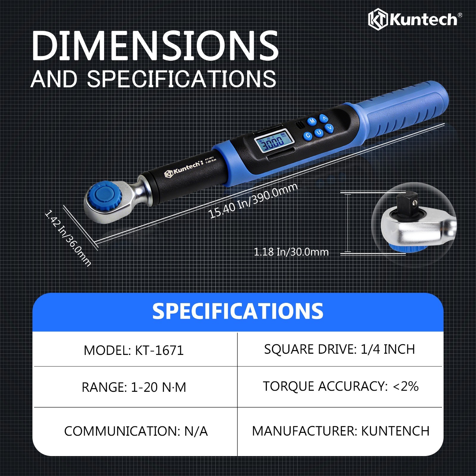 1/4″ Digital Torque Wrench 0.7-15 Ft.lb/1-20 N.m w/ LED Display Buzzer for Auto