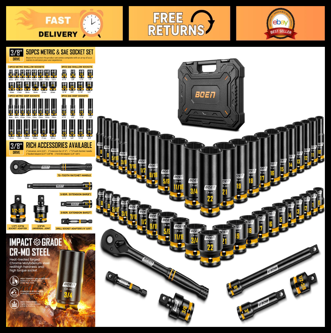 50PCS 3/8″ Drive Impact Socket Set – SAE & Metric Deep/Shallow 6-Point CR-MO