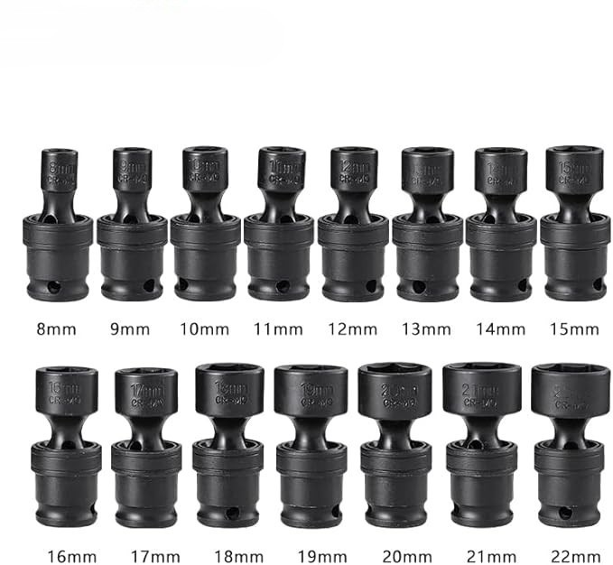 3/8 Inch Drive Impact Universal Joint Swivel Socket Set 6 Point Metric Cr-Mo Ste