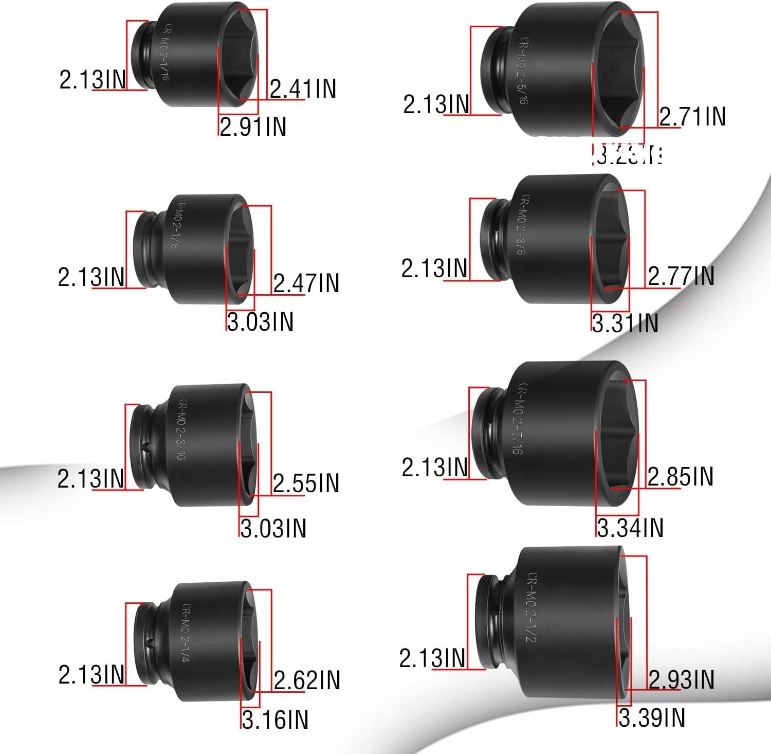 8pcs 3/4″ Drive Jumbo Large Impact Socket Set 6 Point SAE 2-1/16″ to 2-1/2″