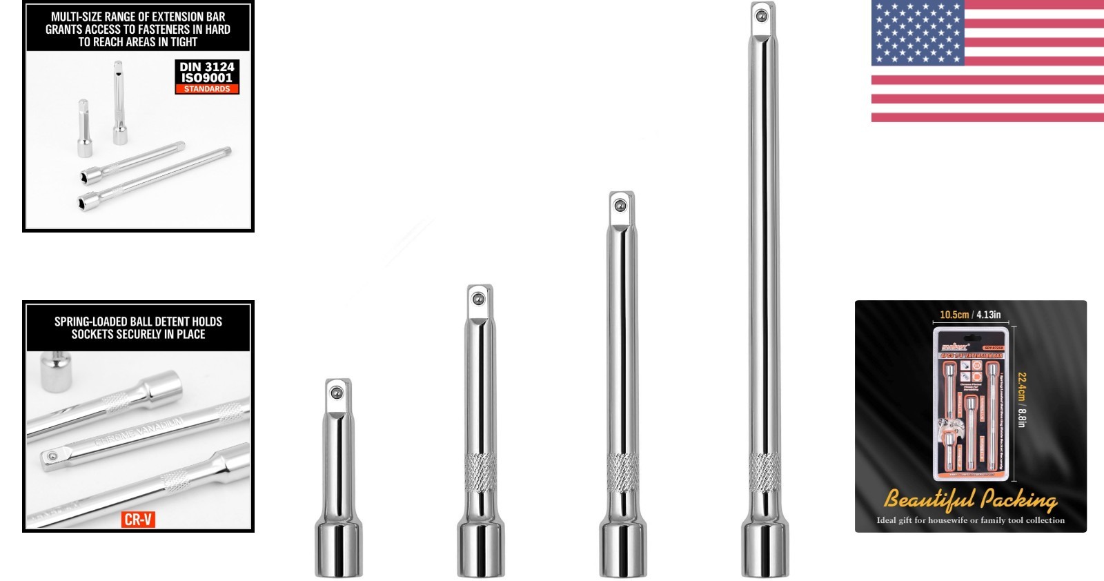 1/4″ Drive Socket Extension Bar Set 4PCS 2″ 3″ 4″ 6″ for Hard-to- Fasteners
