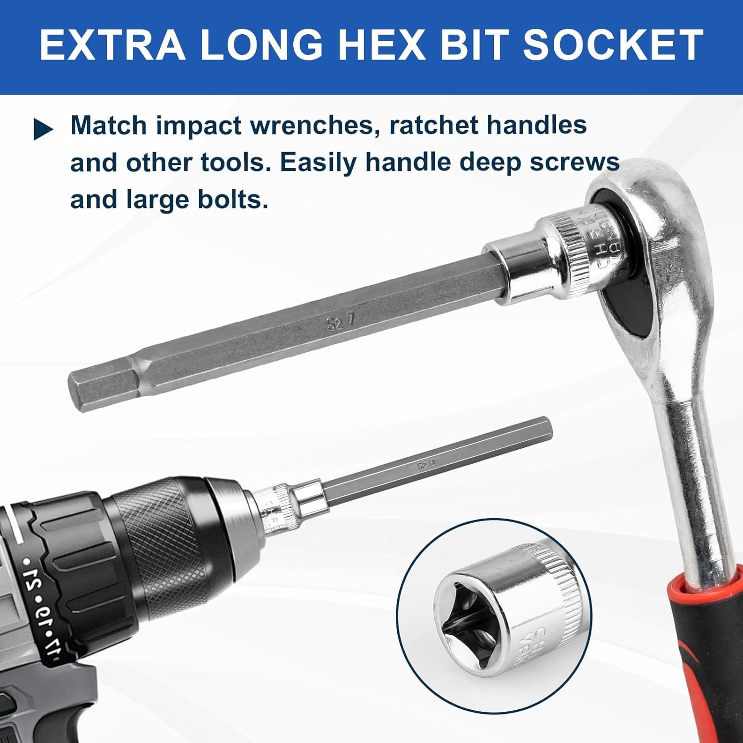 20PCS Extra Long Allen Hex Bit Socket Set 3/8″ Drive SAE Metric CR-V S2 Steel