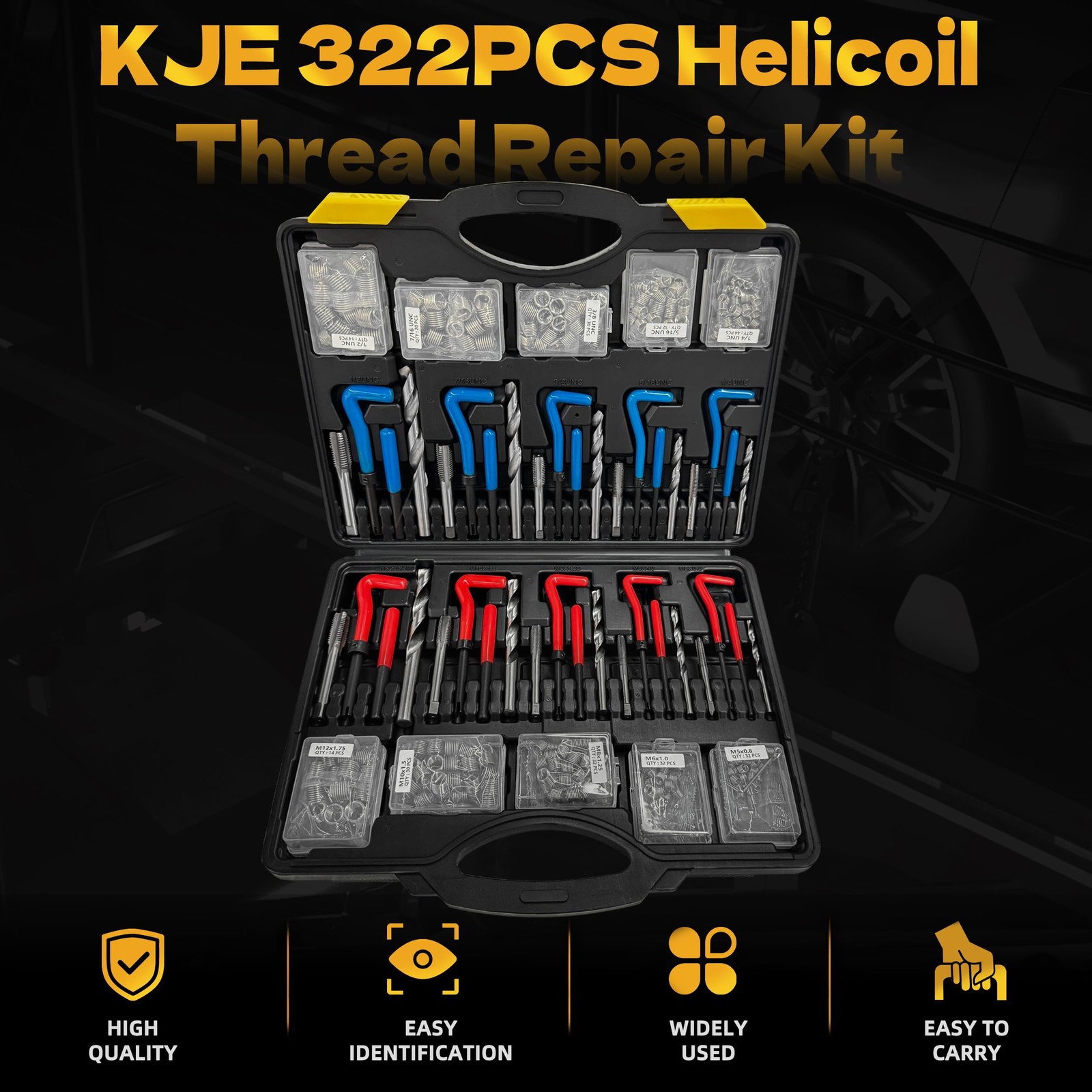 KJE 322PCS Helicoil Thread Repair Kit, Metric (M5-M12) 322PCS, Black & Yellow