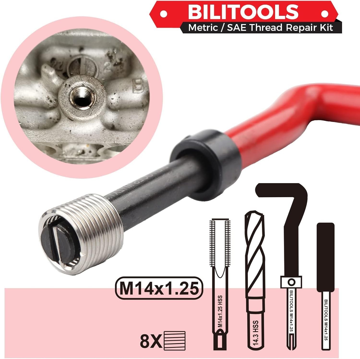 High-Efficiency M14x1.25 Thread Repair Kit – Stainless Steel Inserts & Tools