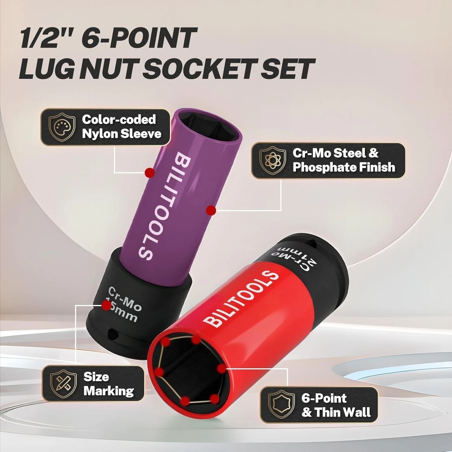 Durable Chrome Molybdenum 1/2-Inch Drive Lug Nut Sockets – 5 Sizes Included