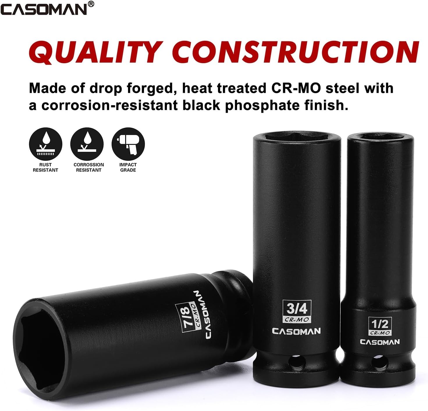 14PCS 1/2″ Drive Deep Impact Socket Set SAE, 6-Point, CR-MO, 3/8″ to 1-1/4″
