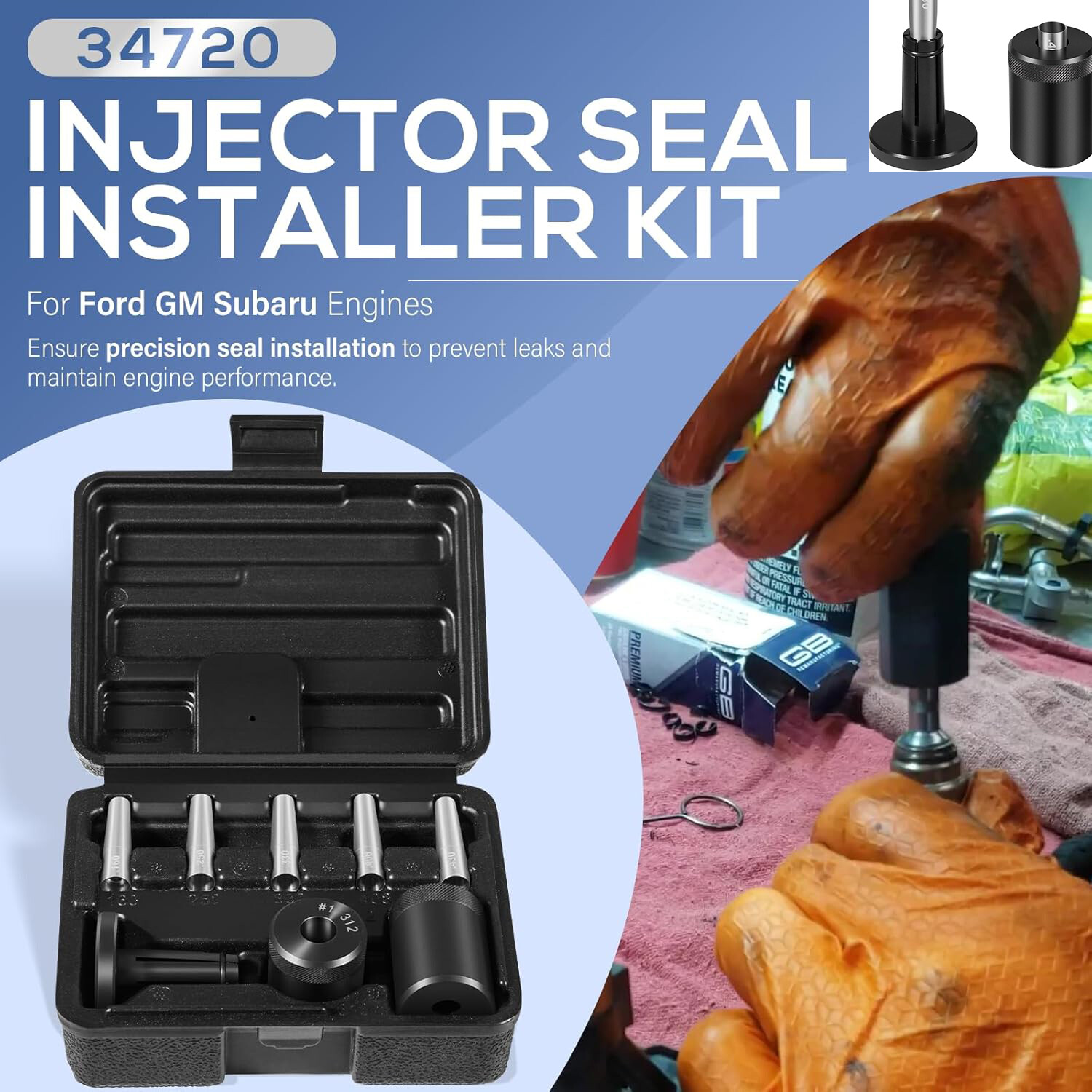 Professional 34720 Injector Seal Installer Kit 8Pcs for Ford GM Subaru Engines