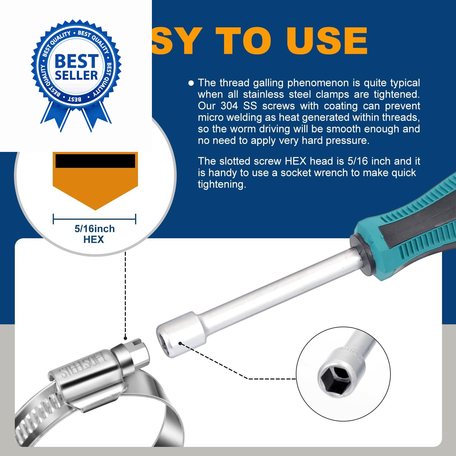Non-Slip Stainless Steel Worm Gear Hose SAE#28(1-5/8 To 2-3/8), Metallic