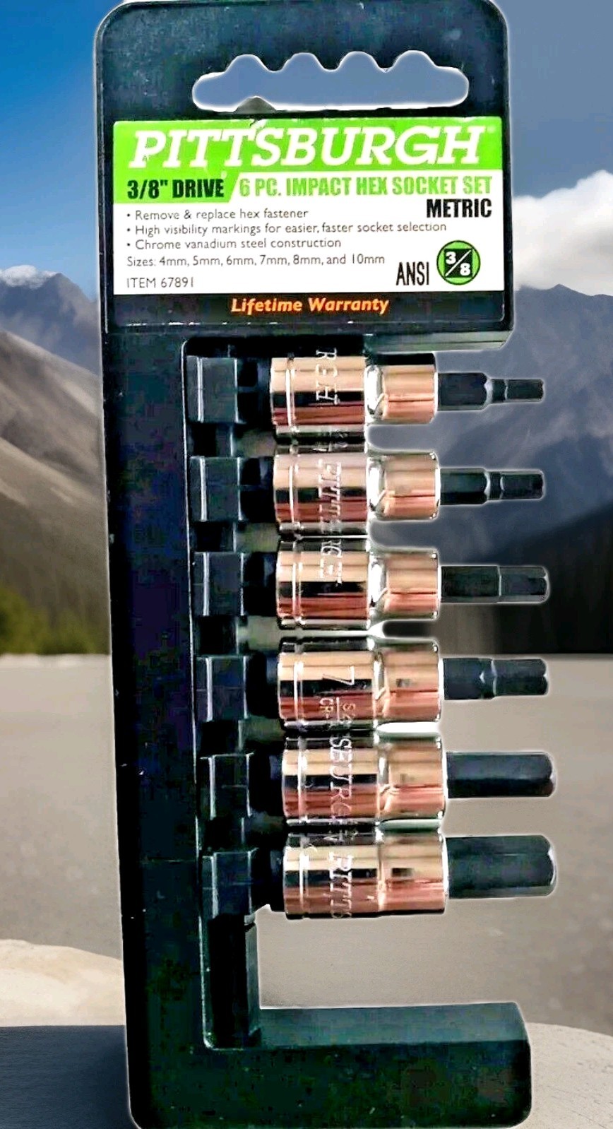 Pittsburgh 3/8 Inch Drive 6 Pc 4,5,6,7,8,10mm Impact Hex Socket Set Metric- New.