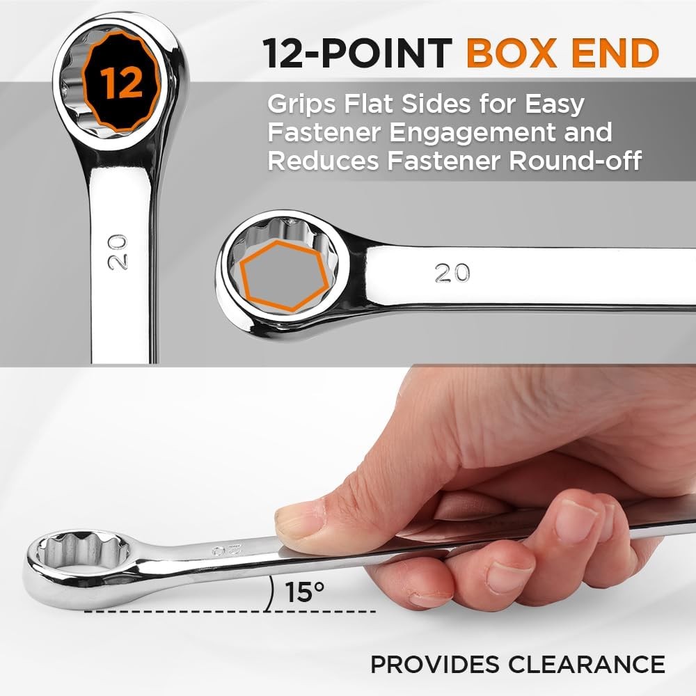 15PC Combination Spanner Wrench Ring Open Ended 8-22mm Metric 12 Point «V» Notch