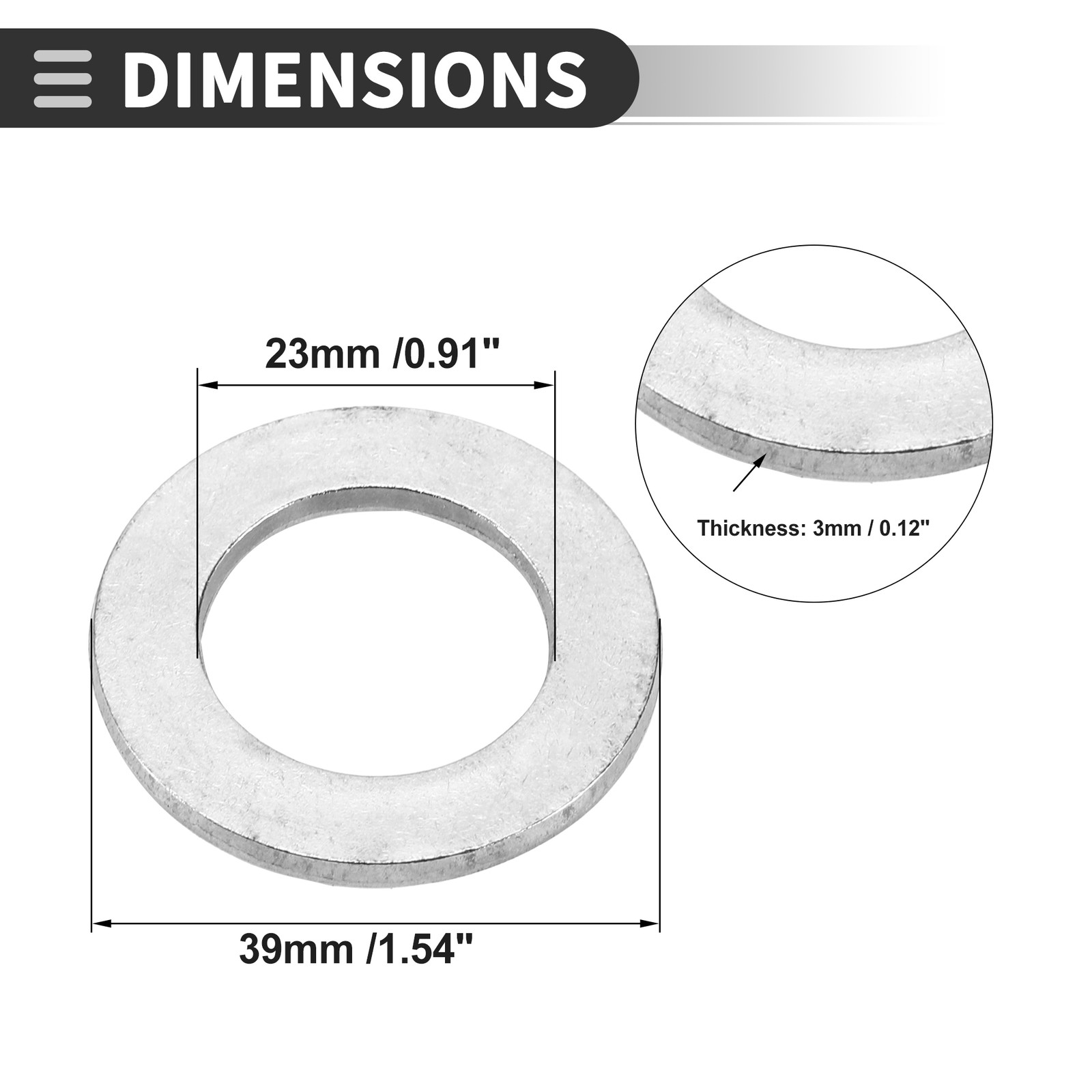 Flat washer 23x39x3mm, stainless steel, silver, 10pcs, for universal cars