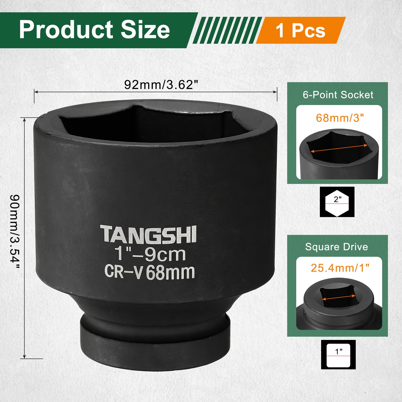6-Point Impact Socket, | 1″ Drive x 68mm, 90mm Length|, 1-Pieces