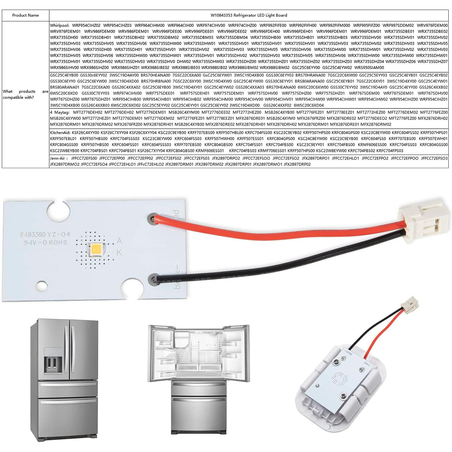 W10843353 Refrigerator LED Light Board Module for KitchenAid Maytag & Whirlpool