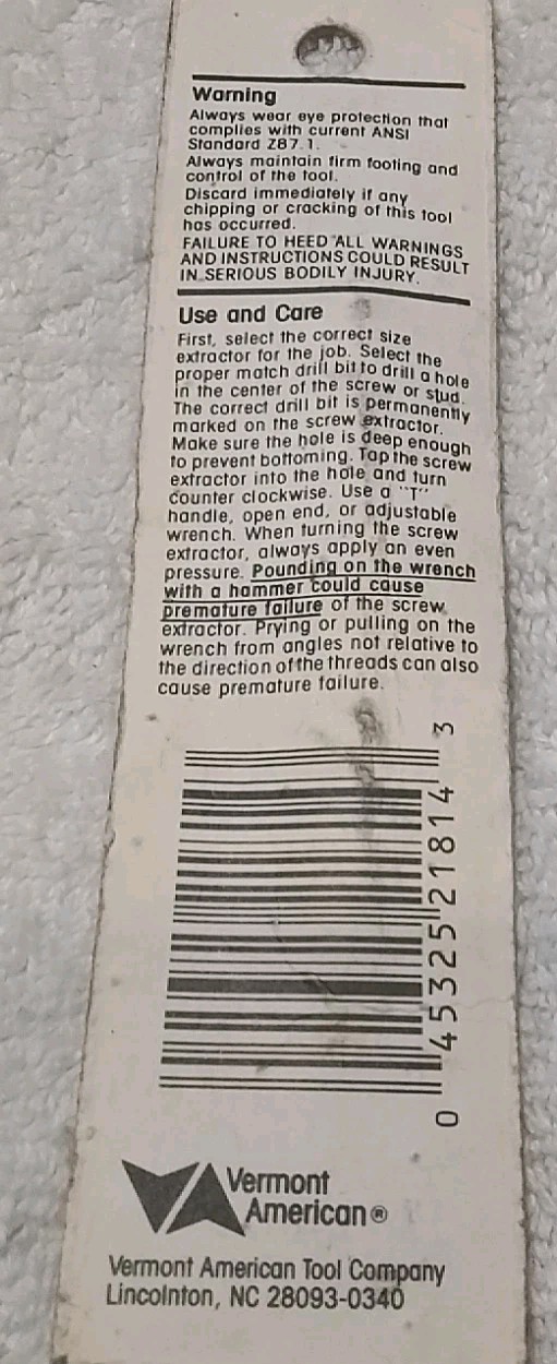 VERMONT AMERICAN 21814 #4 SPIRAL SCREW EXTRACTOR USA 🇺🇸
