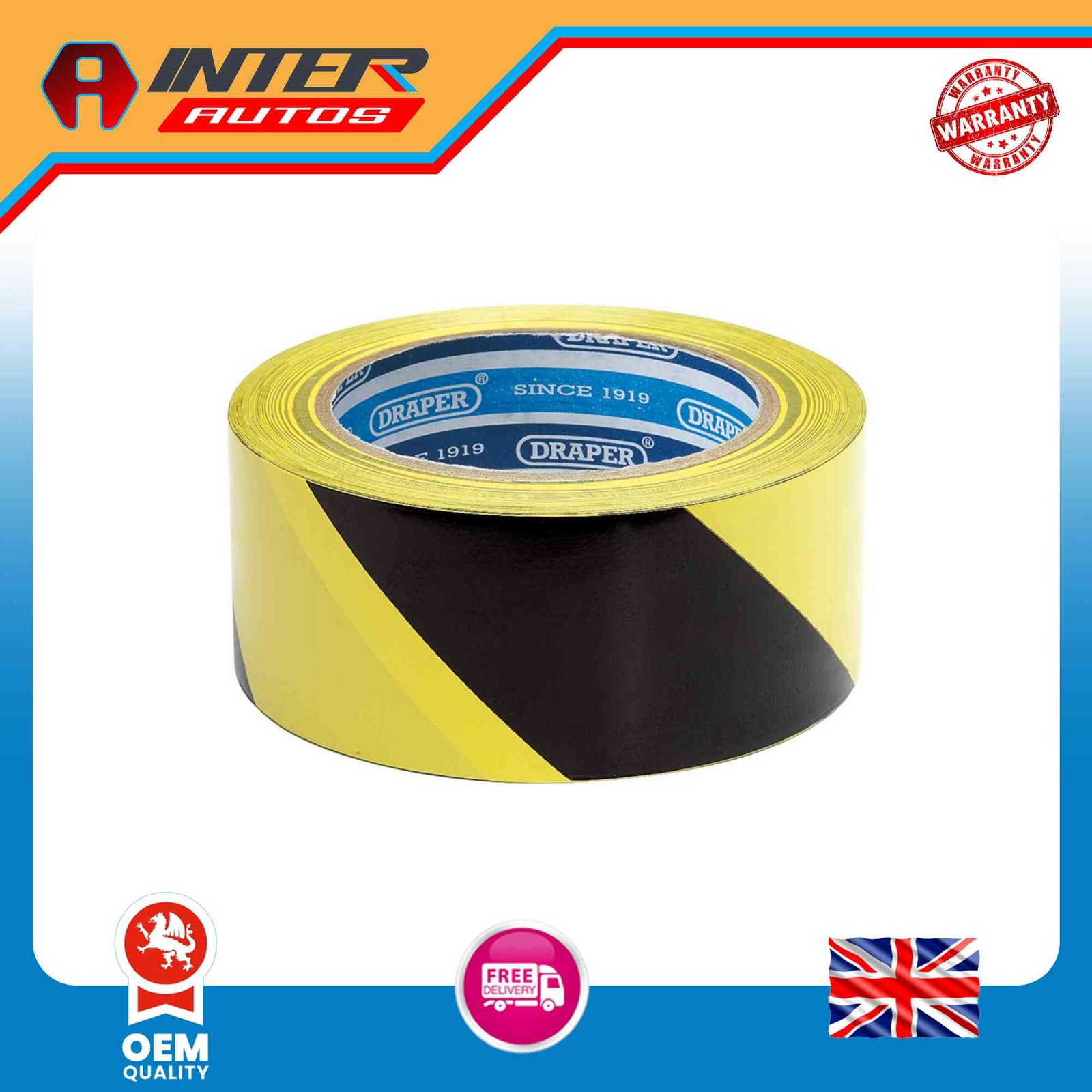 Draper Adhesive Hazard Tape Roll, 33m x 50mm, Black and Yellow 63382