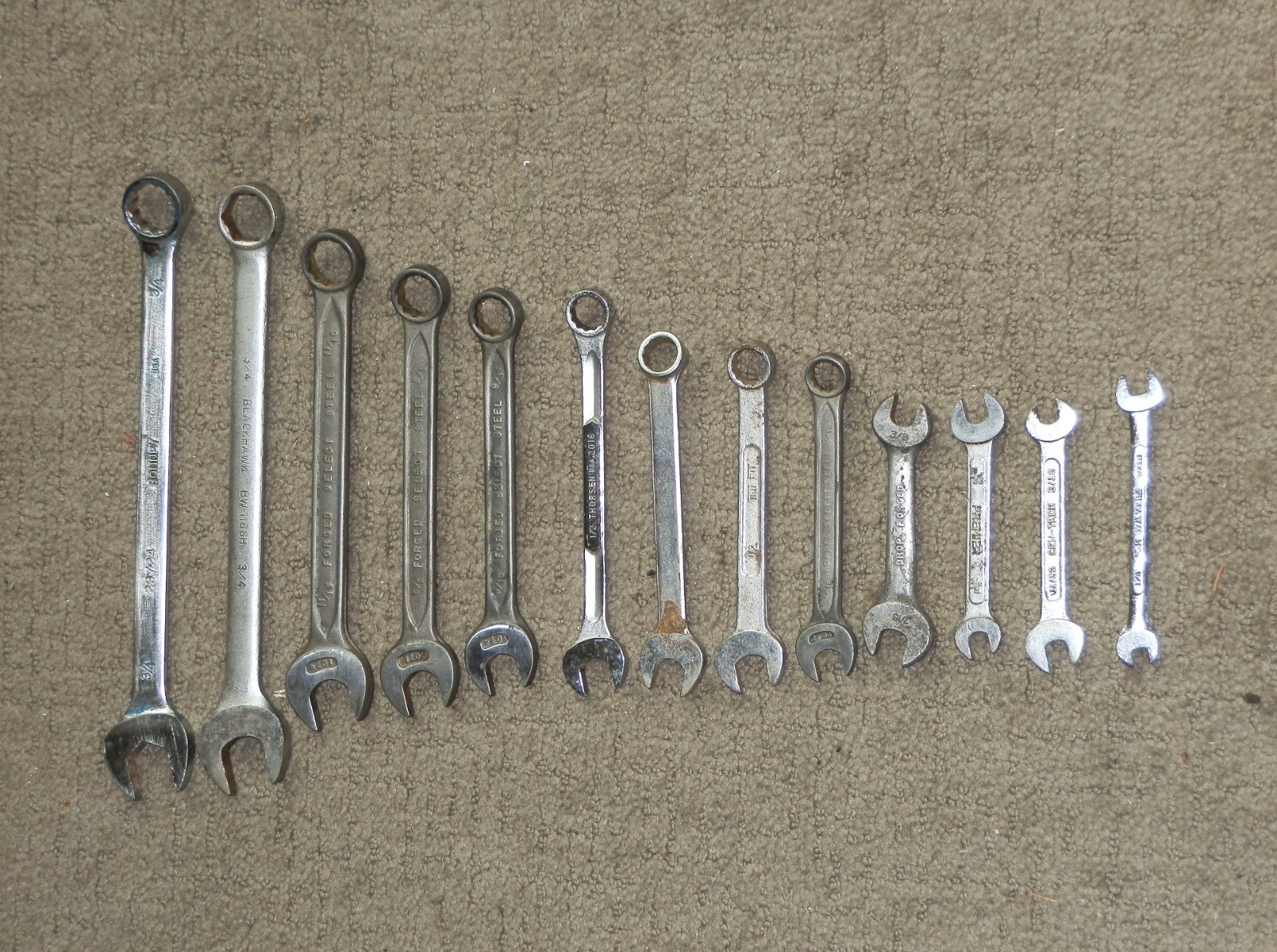 Lot of 13 SAE Wrenches 1/4″-3/4″ – Bonney, Blackhawk, Forged Select Steel, Other