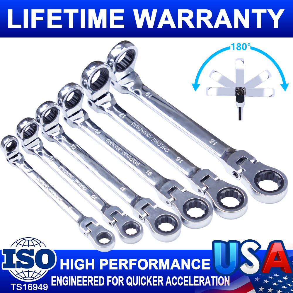 6PC Flex-Head Double Box End Ratcheting Wrenches Set Extra Long Metric Universal