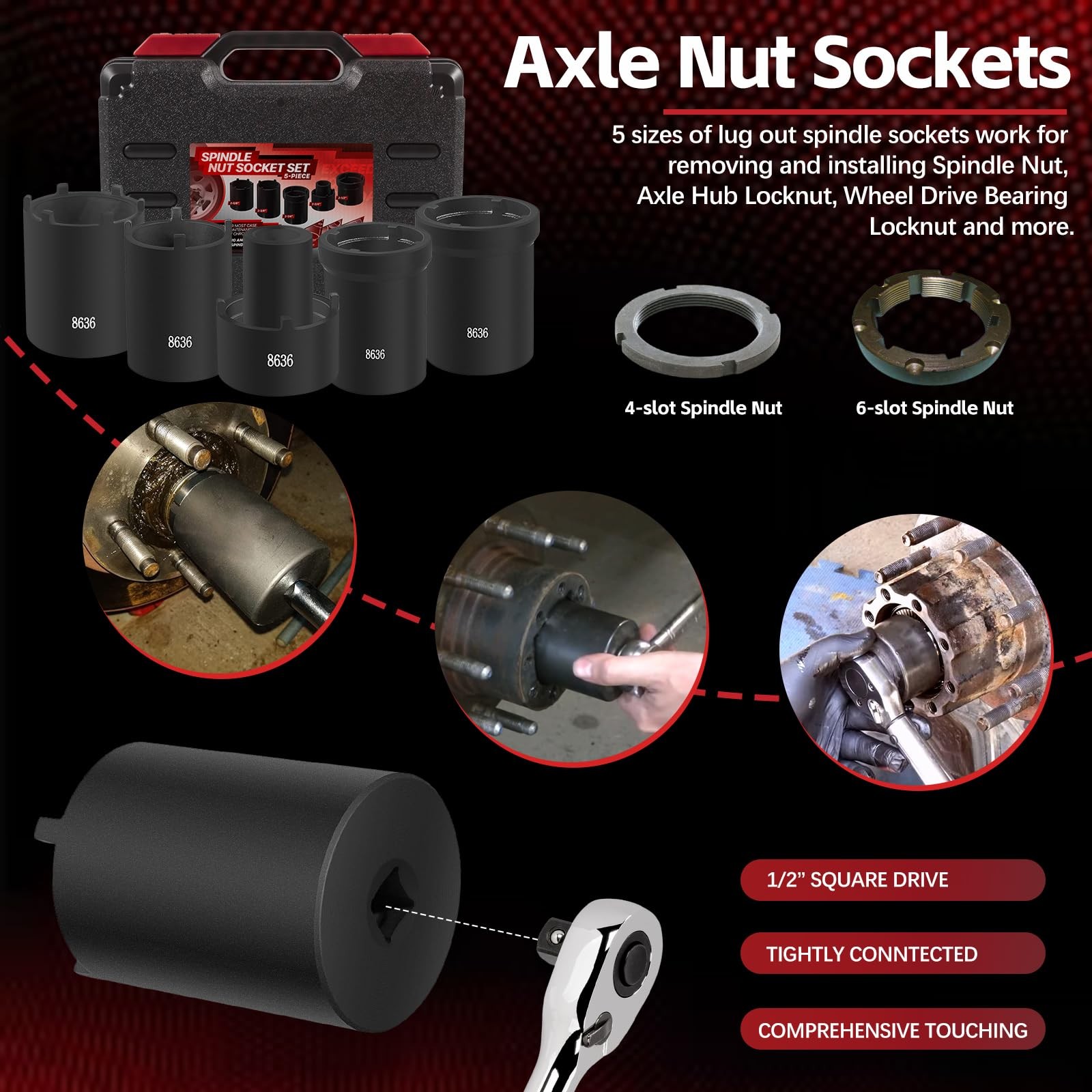 Sunluway Spindle Nut Socket Tool Kit 5 Pcs Axle Hub Lock Nut Socket Set 1/2” …