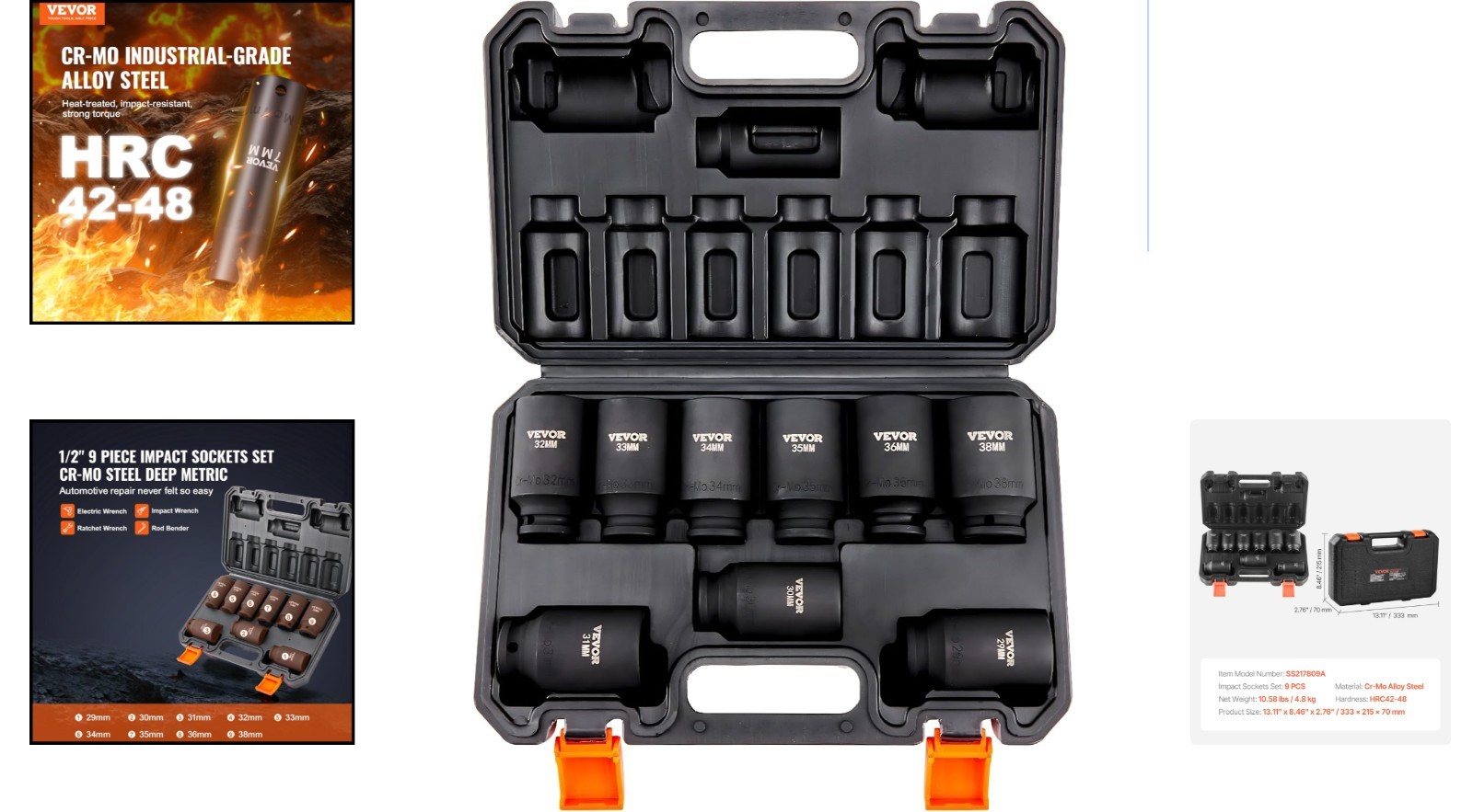 9-Piece 1/2″ Drive Deep Impact Socket Set for Auto Repair – Cr-Mo Steel