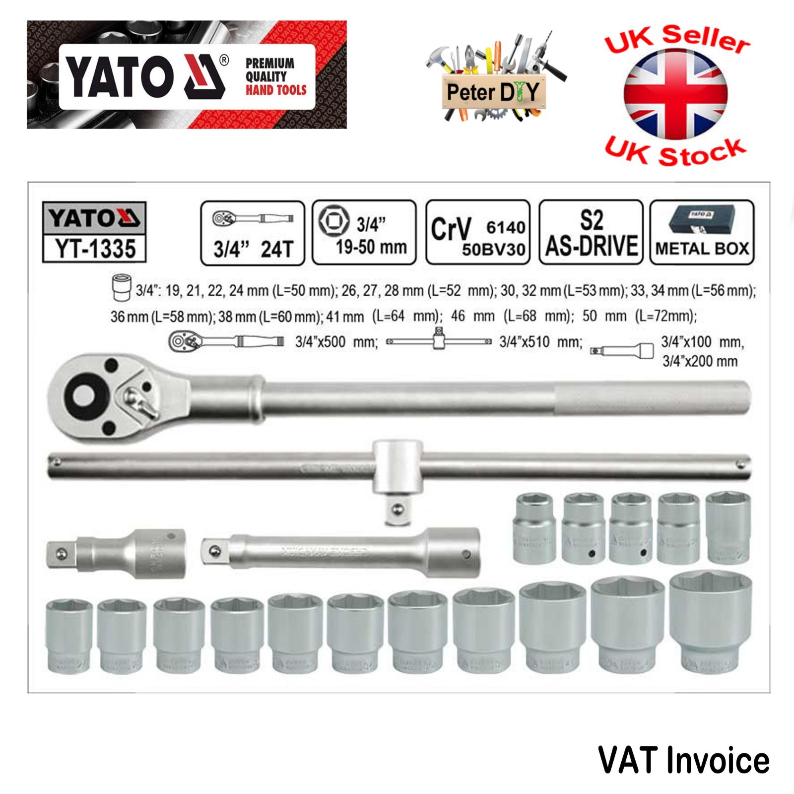 Yato Professional SOCKET SET 3/4» 20 PCS Ratchet Tools Toolbox YT-1335