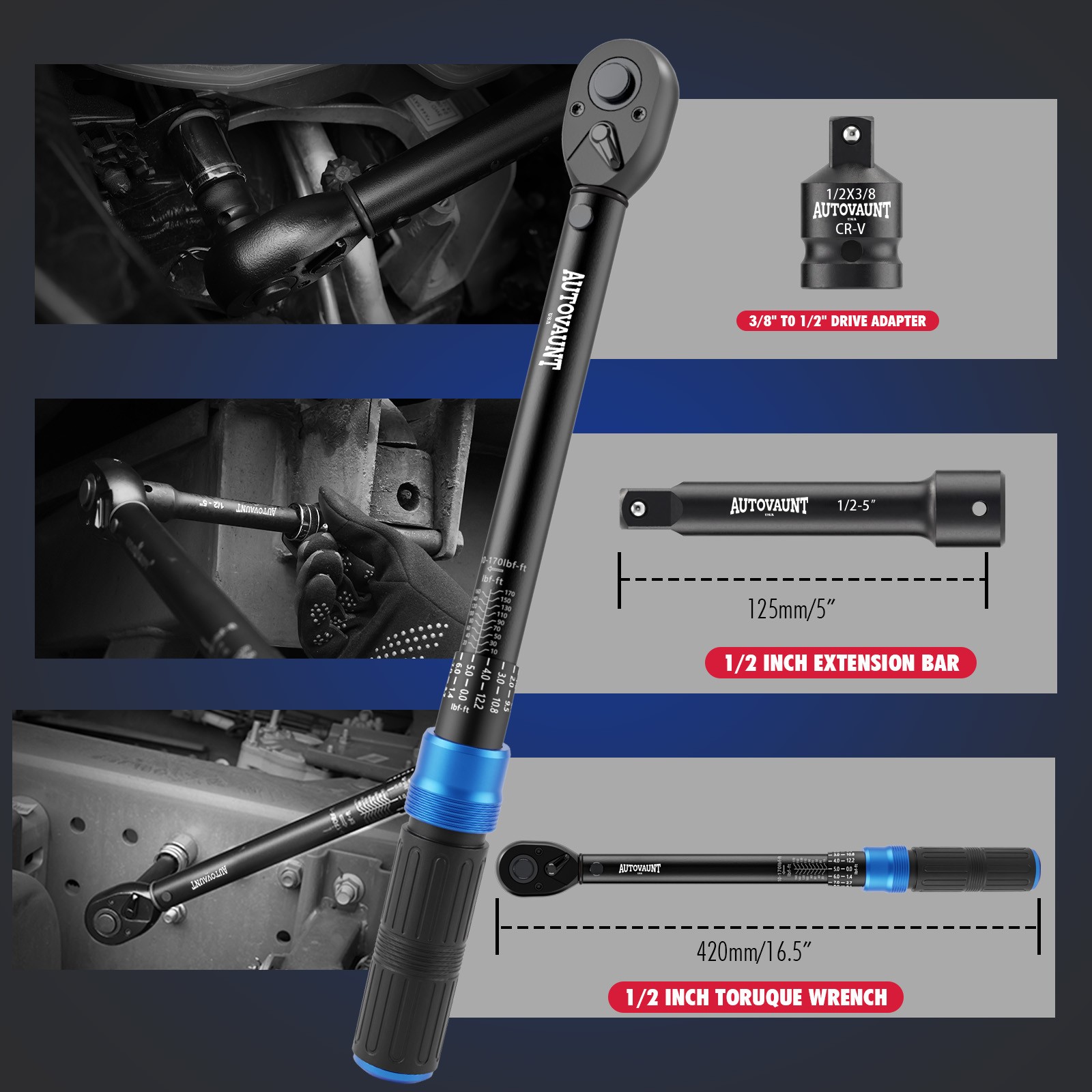 1/2″ Drive Click Torque Wrench Snap Socket Ratcheting 10~150 FT-LB/13.6~203.5N-M