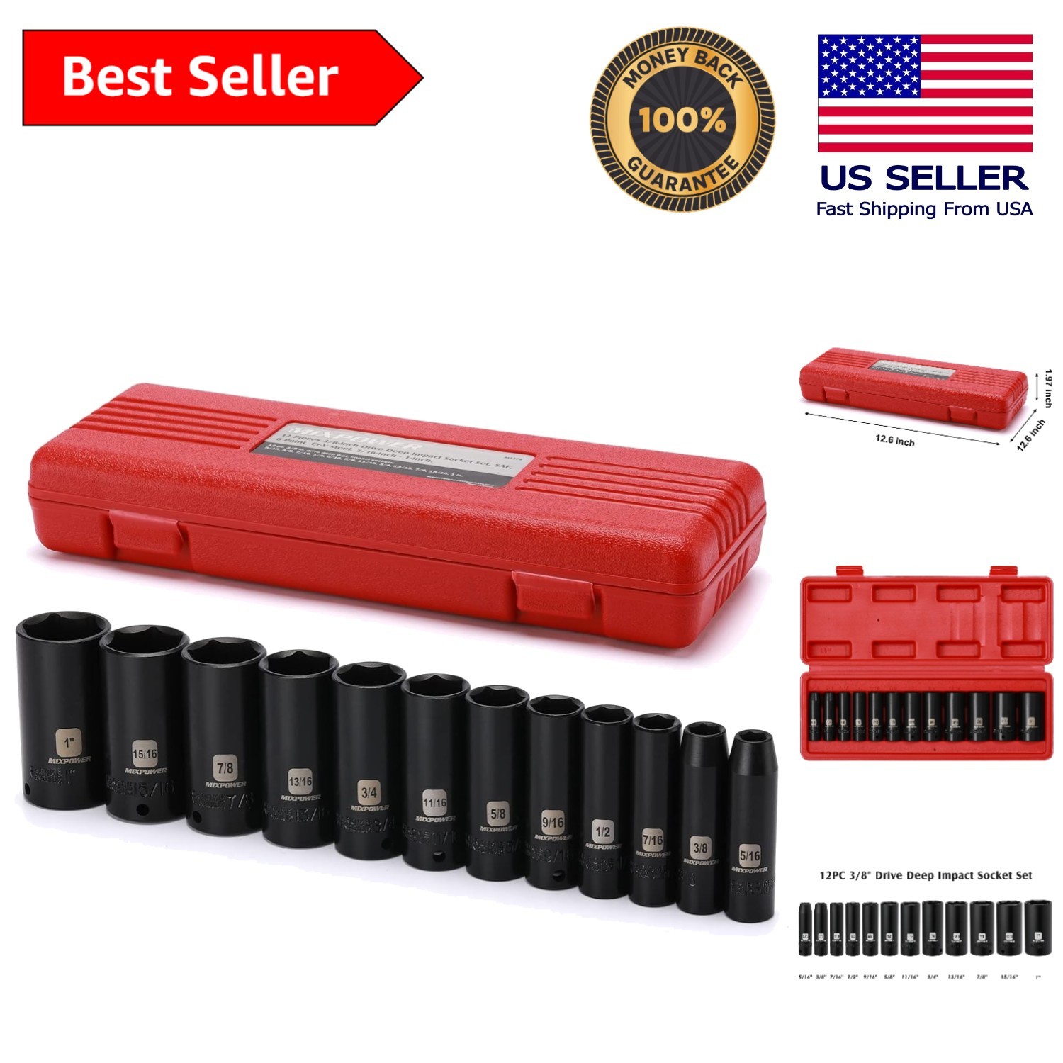 Professional 12-Piece SAE Deep Impact Socket Set, Compliant with ANSI Standards