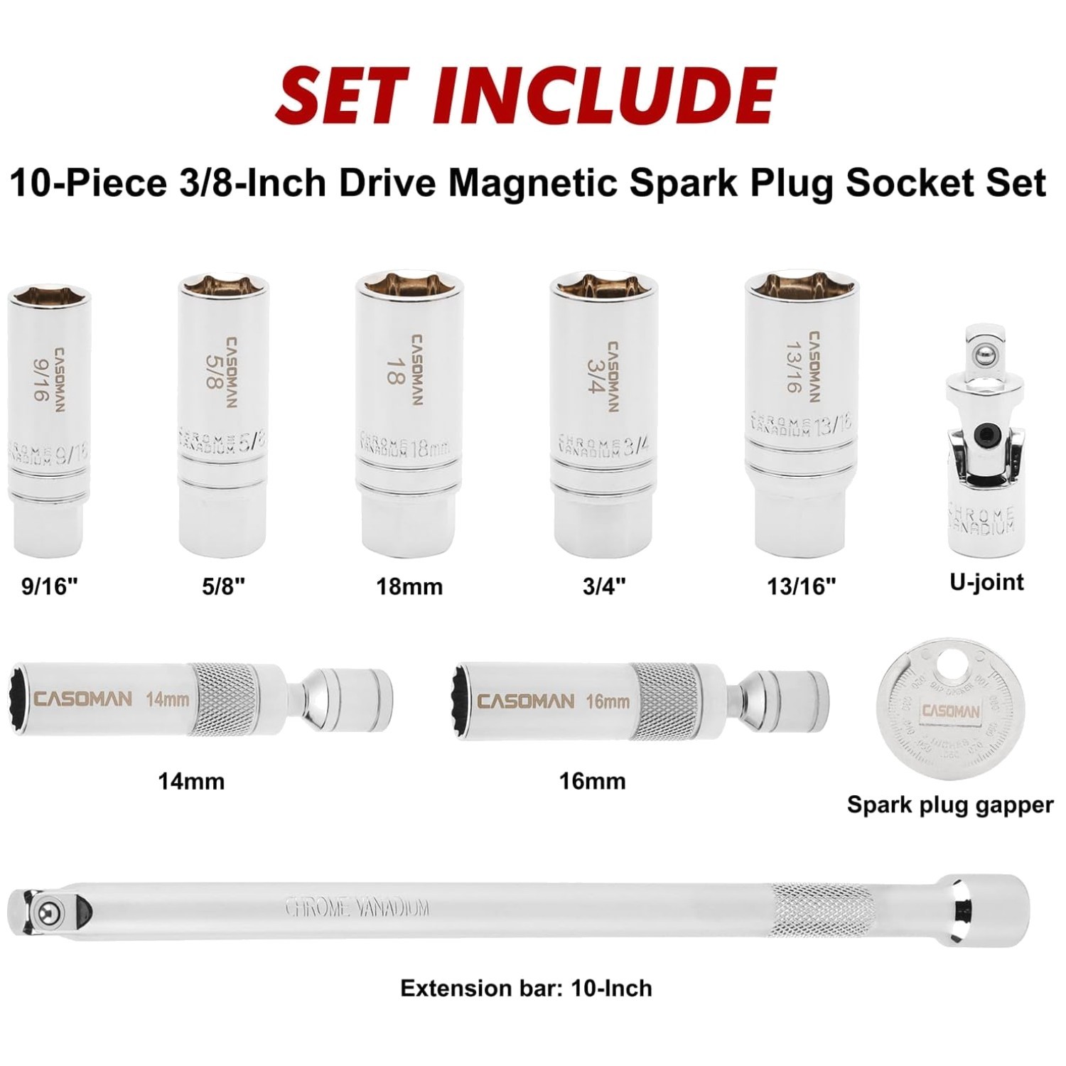 Universal Joint & Spark Plug Gapper Set, Magnetic Tip, 10PC