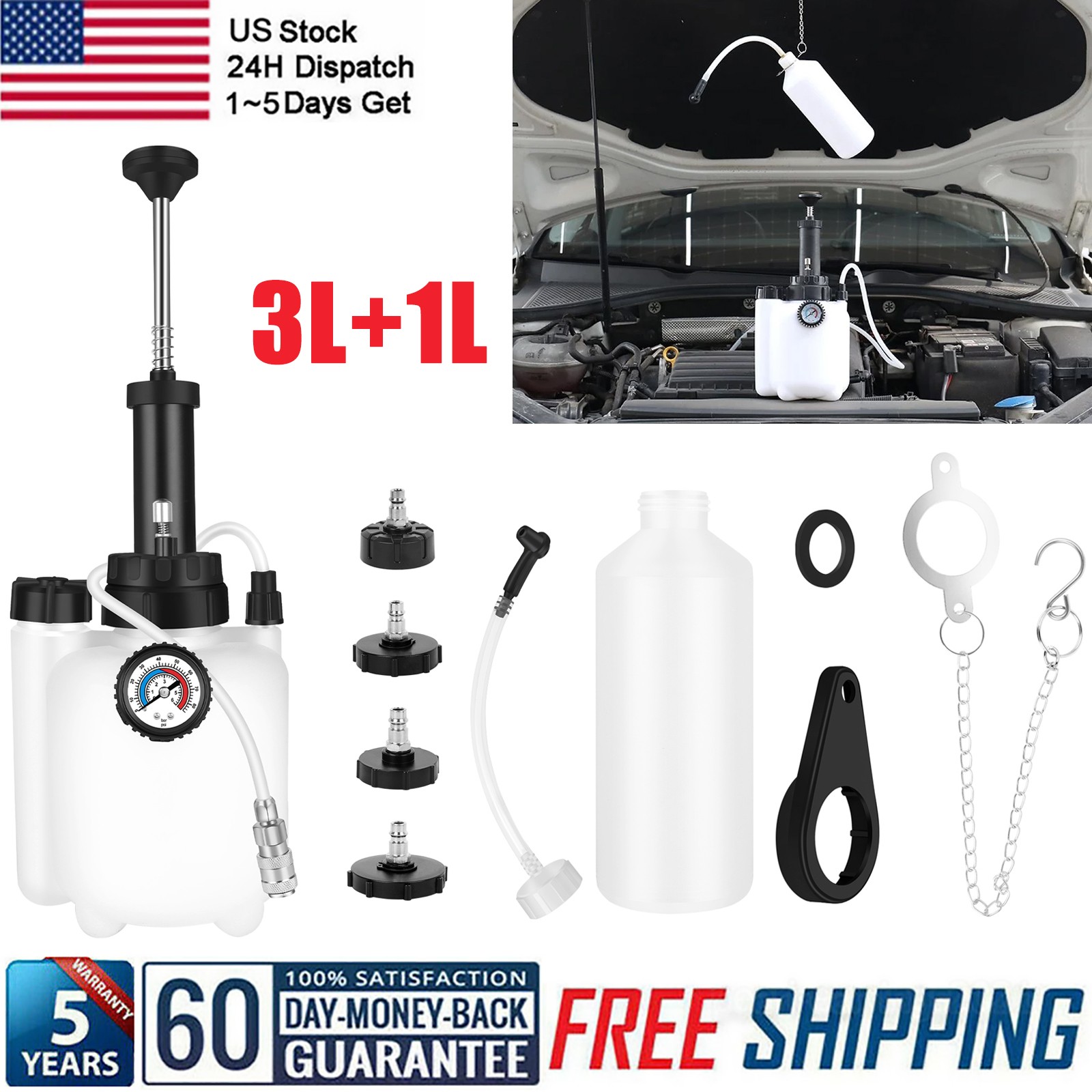 3L+1L Manual Car Brake Clutch Bleeder Fluid Tool Power Bleeding Kit 4*Adapters