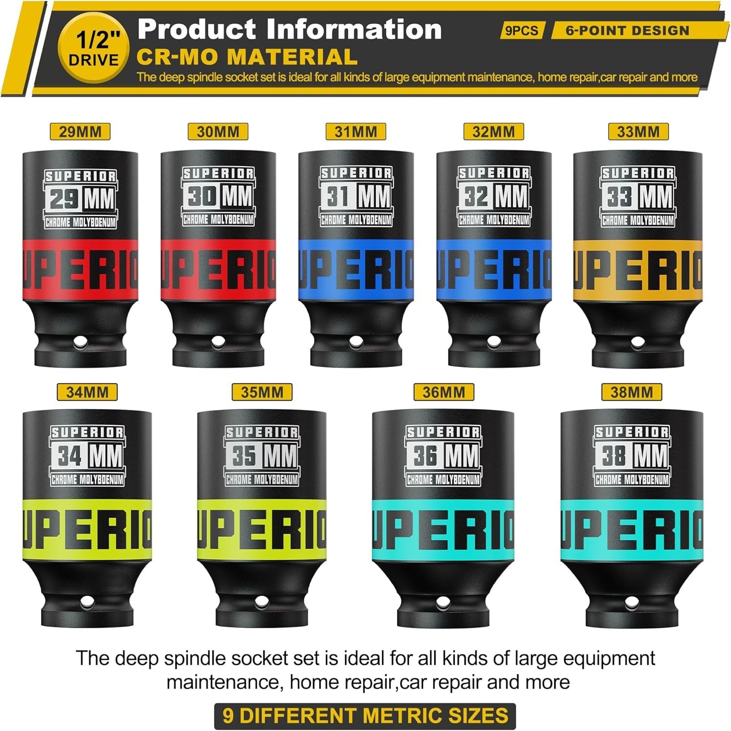 9 Piece 1/2″ Drive Impact Socket Set, 29 mm-38 mm Axle Nut Socket, Metric, CR…