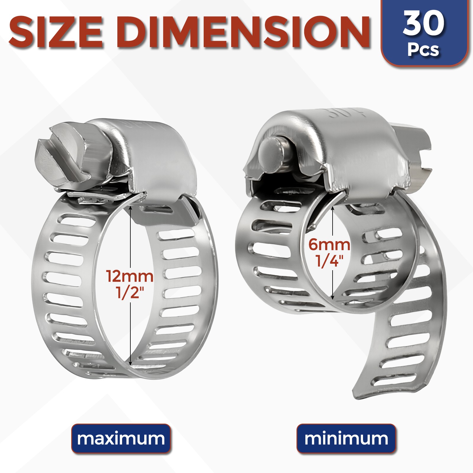 30Pcs Stainless Steel Hose Clamps, Adjustable 1/4″ to 1/2″ (6-12mm)