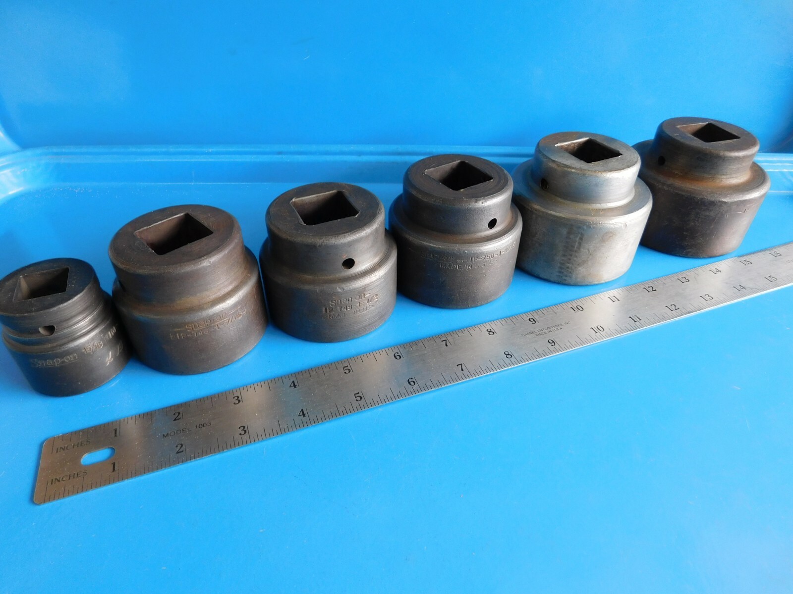 USED, SNAP ON » DOUBLE SQUARE SHORT SOCKETS» 8 PT. LOT OF 6, 3/4 & I INCH DRIVE