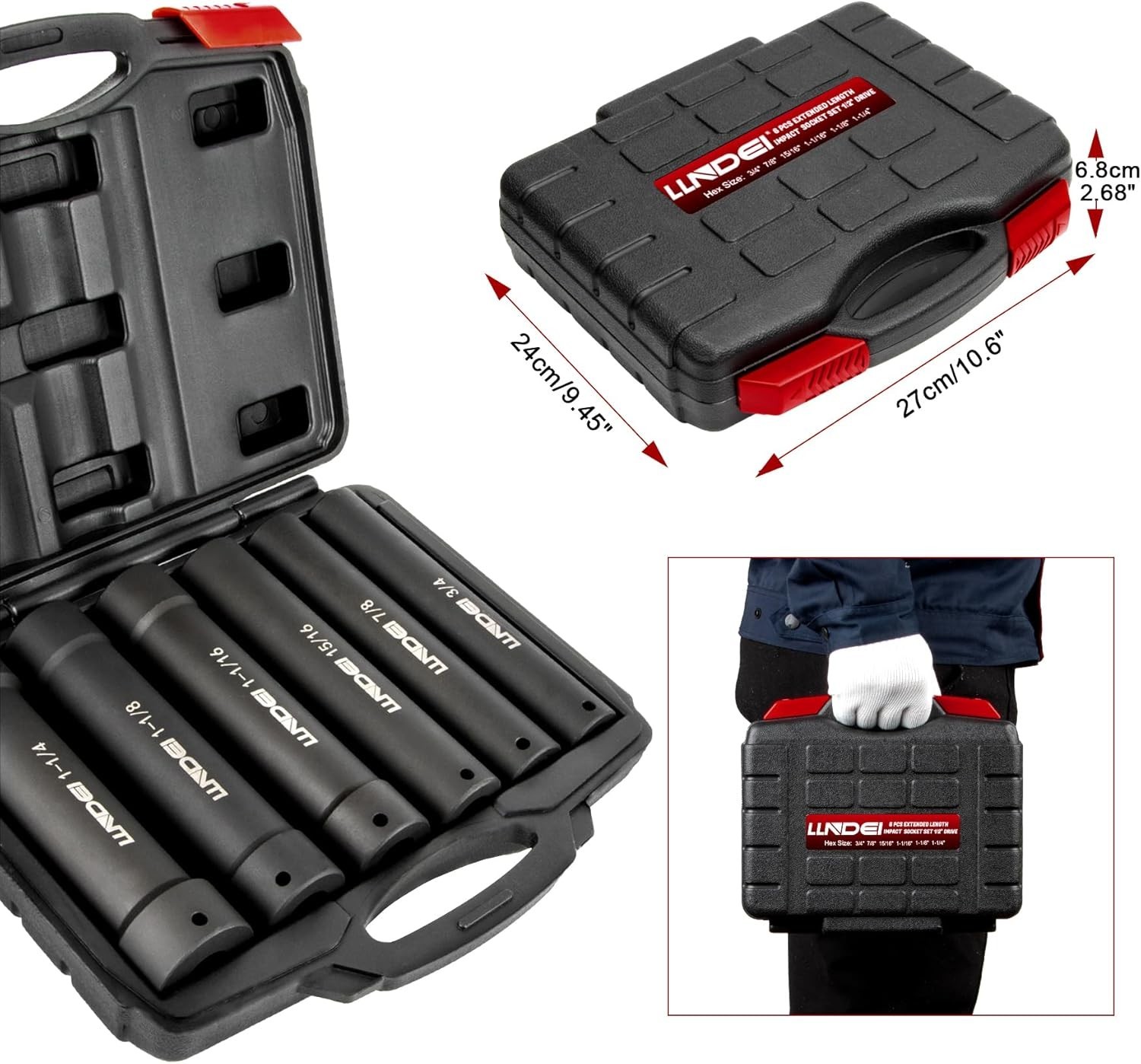 1/2 Inch Drive Extended Length Impact Socket Set 6PCS Extra Deep Socket Set Incl