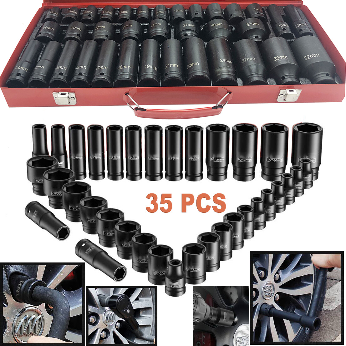35pcs 1/2″ Deep Impact Socket Set Drive 8-32mm Metric Garage SAE W/ Case US
