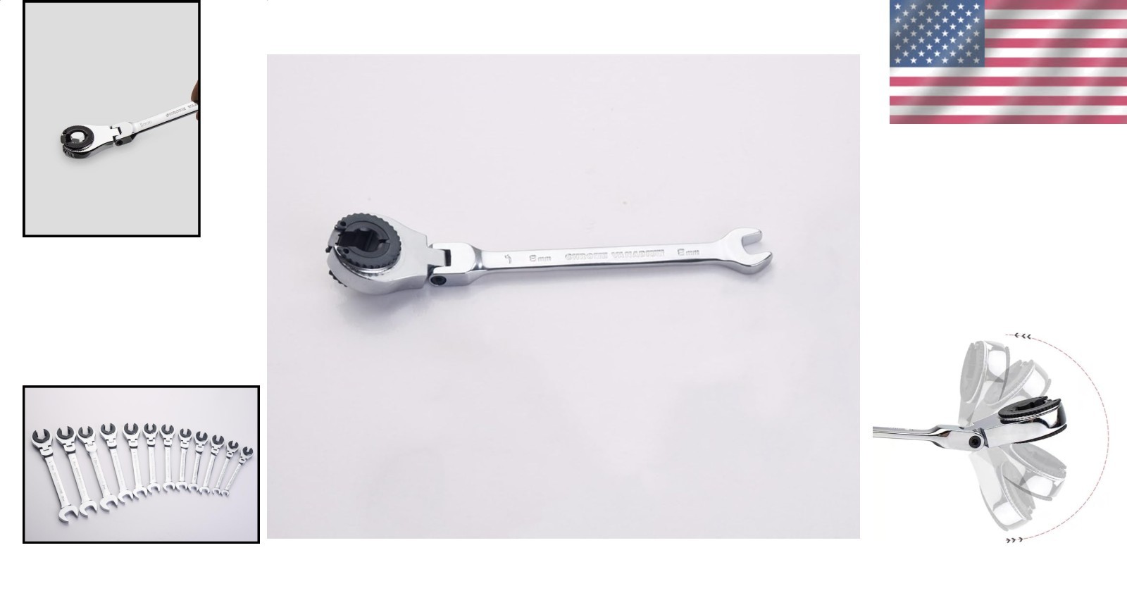 8mm Metric Flex-Head Ratchet Combination Wrench Polished Cr-V Steel Spanner Tool