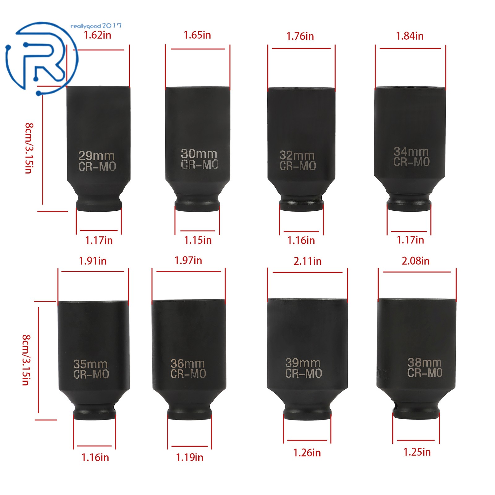 8pcs 1/2″ Impact Socket Set 12 Point 1/2″Drive Deep Spindle Axle Nut 29mm-39mm
