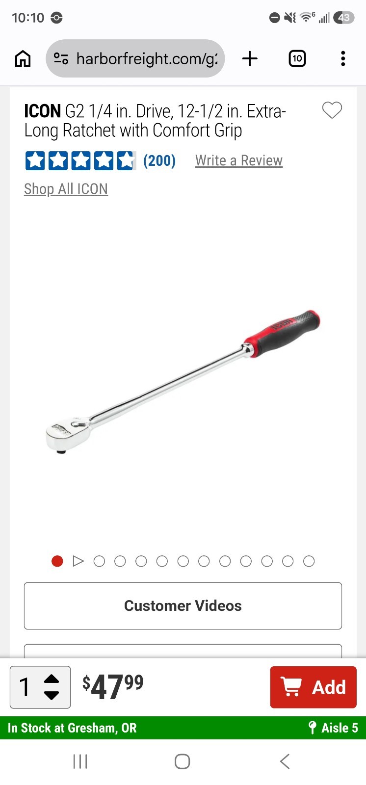 Icon G2 Series 1/4″ Drive 12.5″ Extra Long Ratchet