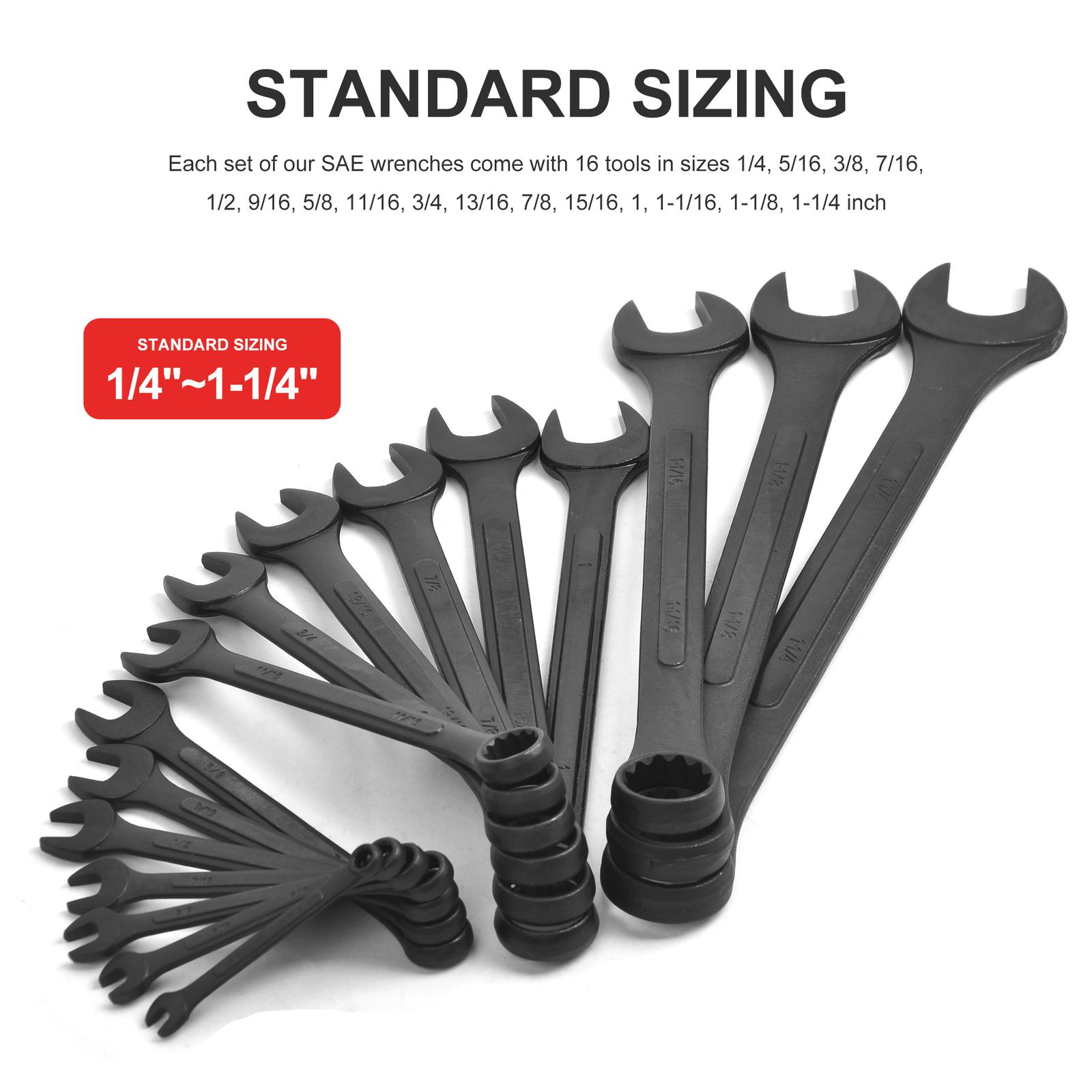16pcs Combination Wrench Set SAE 1/4″ to 1-1/4″ with Roll Up Pouch Raised Panel