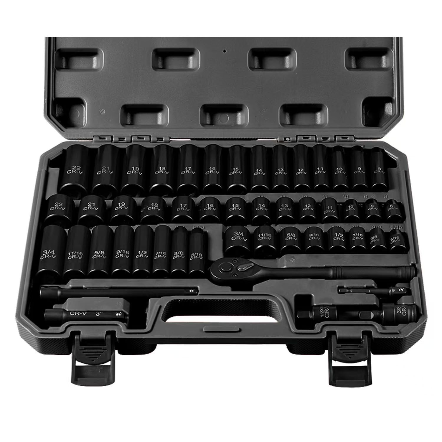 50-Piece Impact Socket Set 3/8″ Drive, SAE & Metric, Deep/Shallow, Ratchet Handl