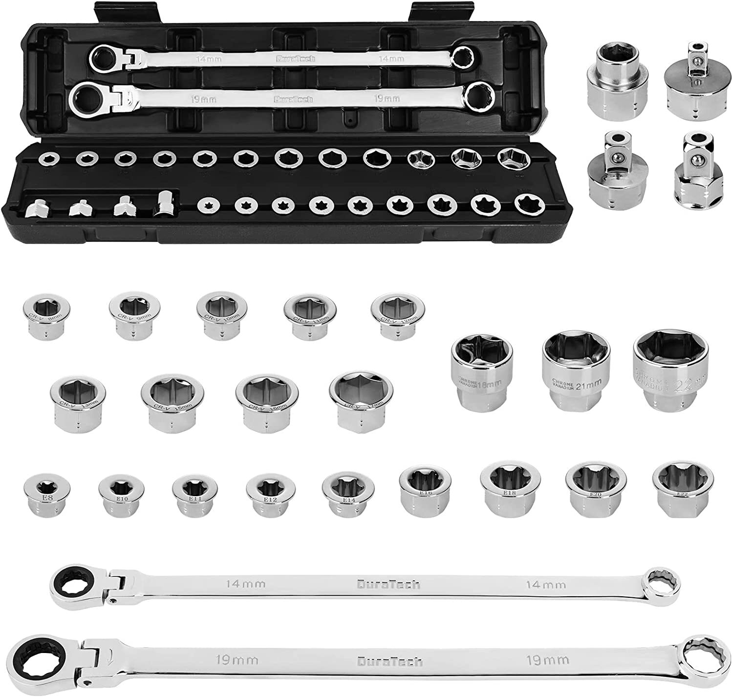DURATECH 27PCS Extra Long Flex Head Ratcheting Wrench Set Double Box End 8-22mm