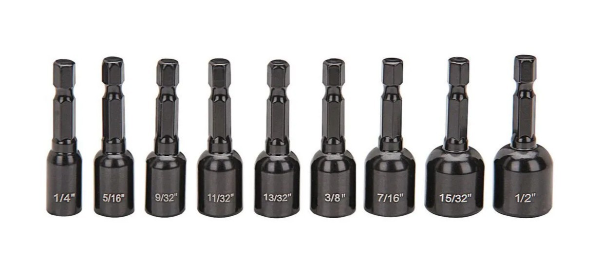 9pc Magnetic Nut Setter Set Standard – SAE, Quick-Release Hex Shank, 1/4″–1/2″