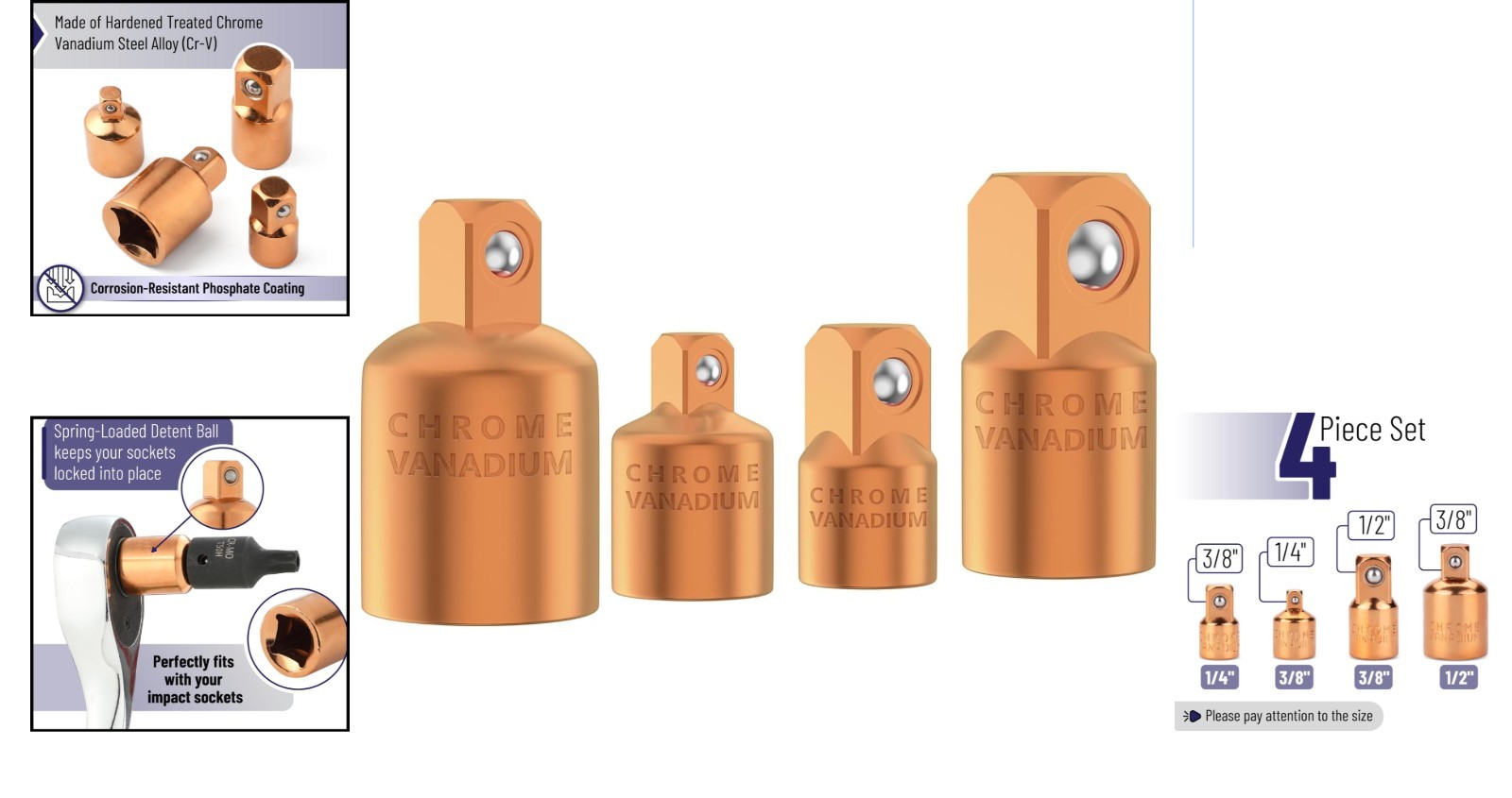 4-Piece Rose Gold Impact Socket Adapter Set – Chrome Molybdenum Steel