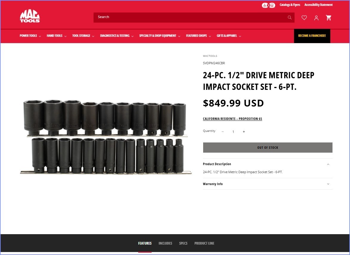 Mac Tools 24-PC. 1/2″ Dr. Metric Deep Impact Socket Set SVDPM246CBR & Tool Bag