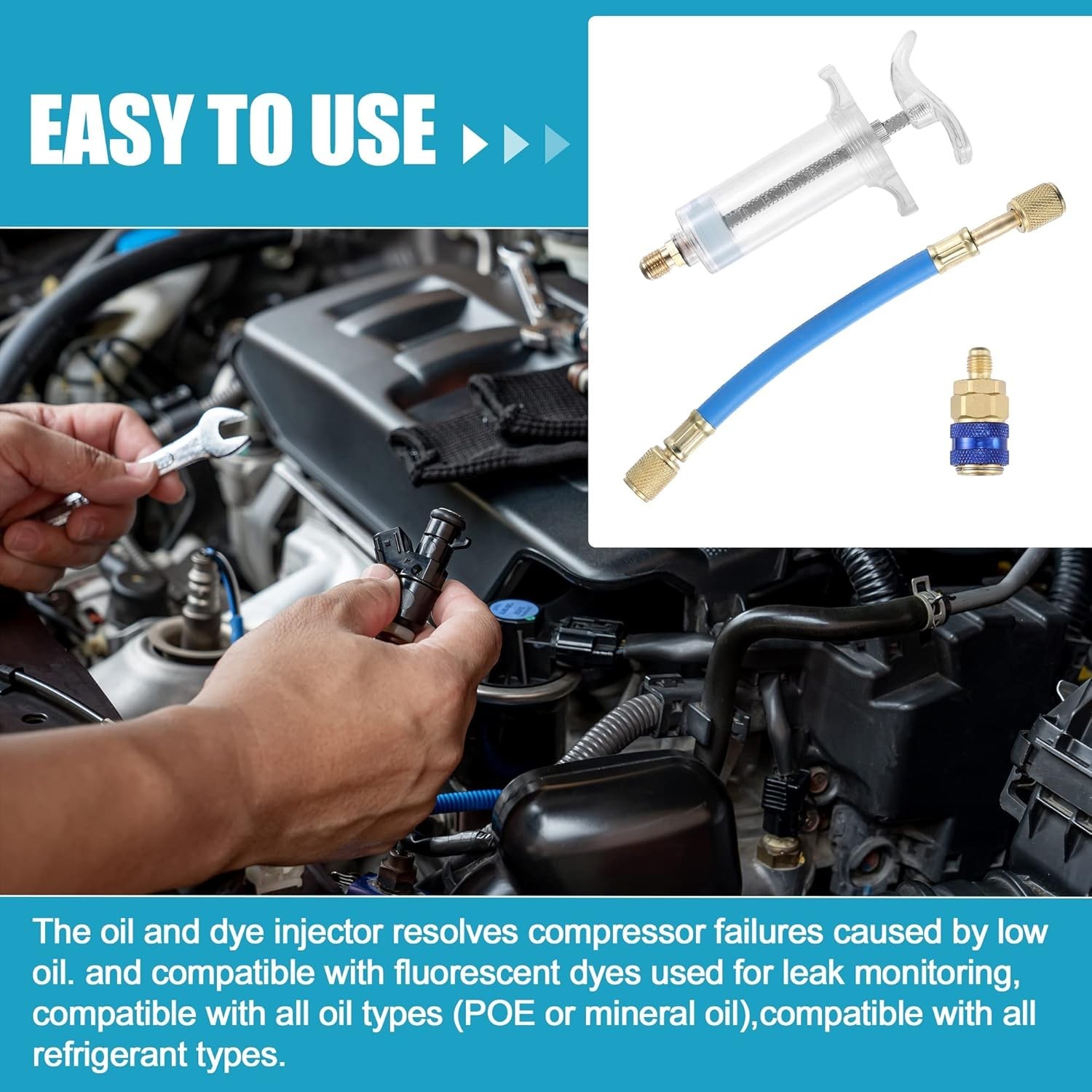 AC Oil & Dye Injector Tool 30ml with 1/4 SAE Connector for Fast Leak Detection