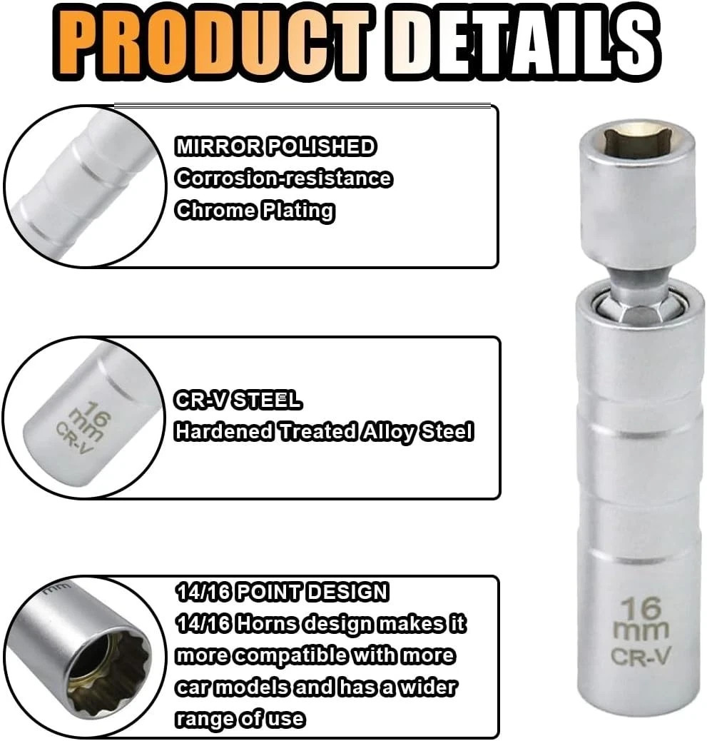 5/8 Magnetic Swivel Spark Plug Socket 16mm-Short for Effortless Removal