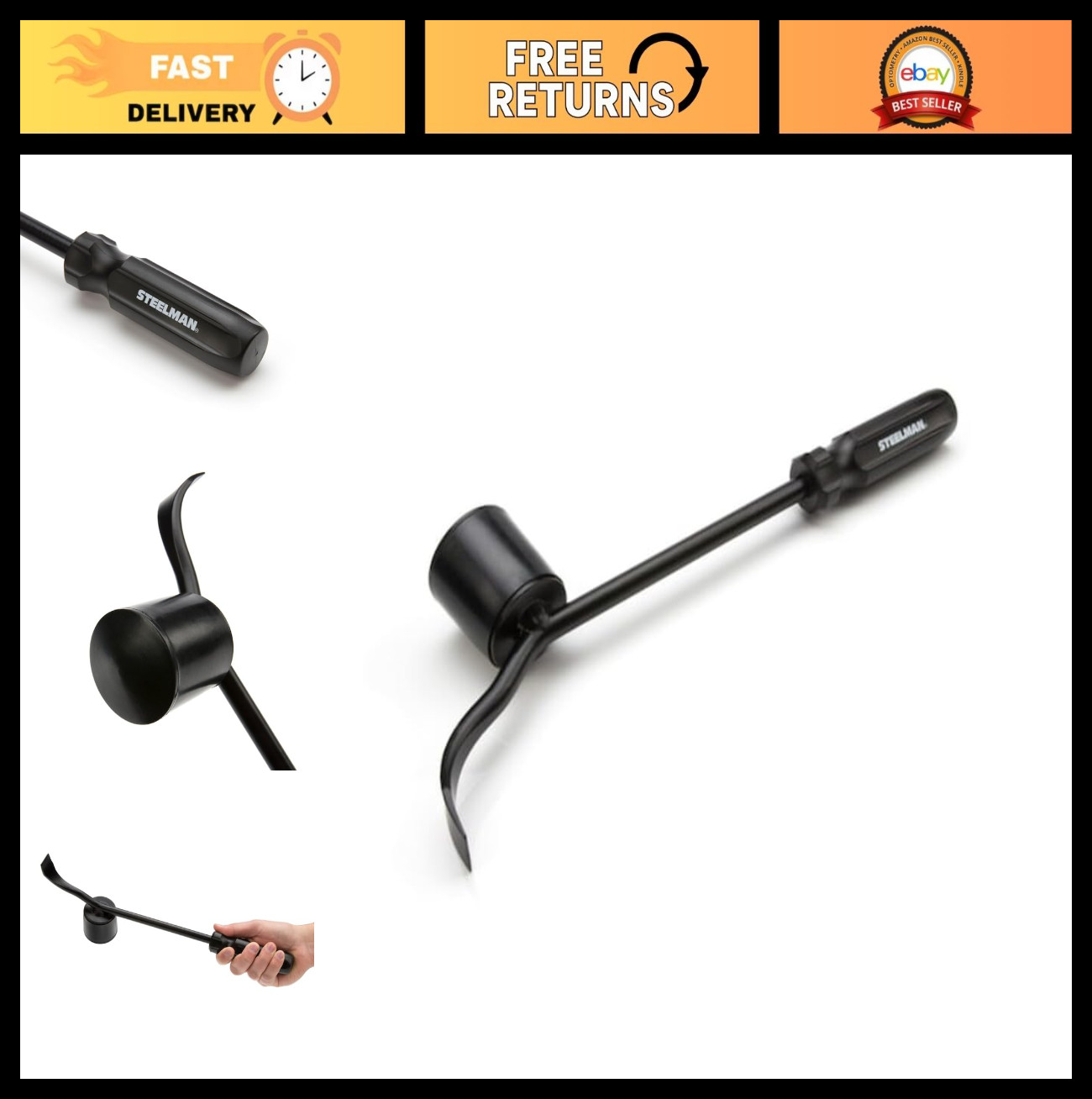 Heavy-Duty Hubcap Remover Tool for Auto Mechanics, Rubber Hammer Face, Wide Blad