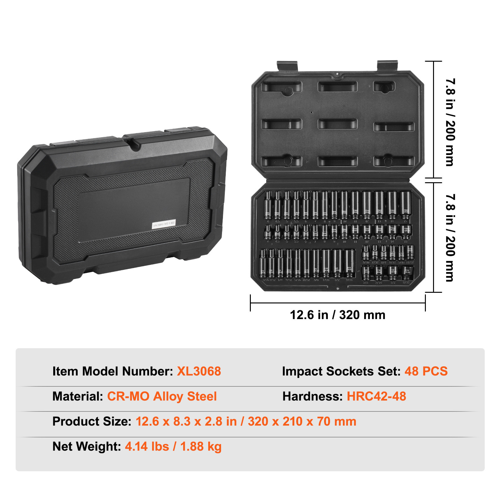VEVOR Impact Sockets Set 48pcs 6-Point 1/4″ Drive Bit Ratchet Tool Kit Case