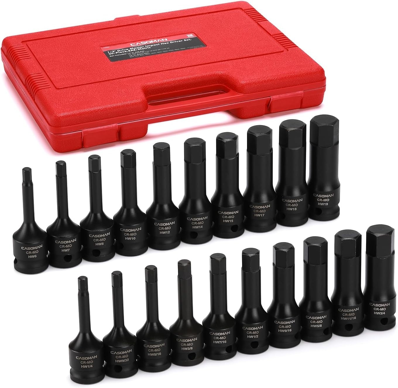 1/2in Drive Master Impact Hex Bit Socket Set SAE Metric 20PC Cr-Mo Steel