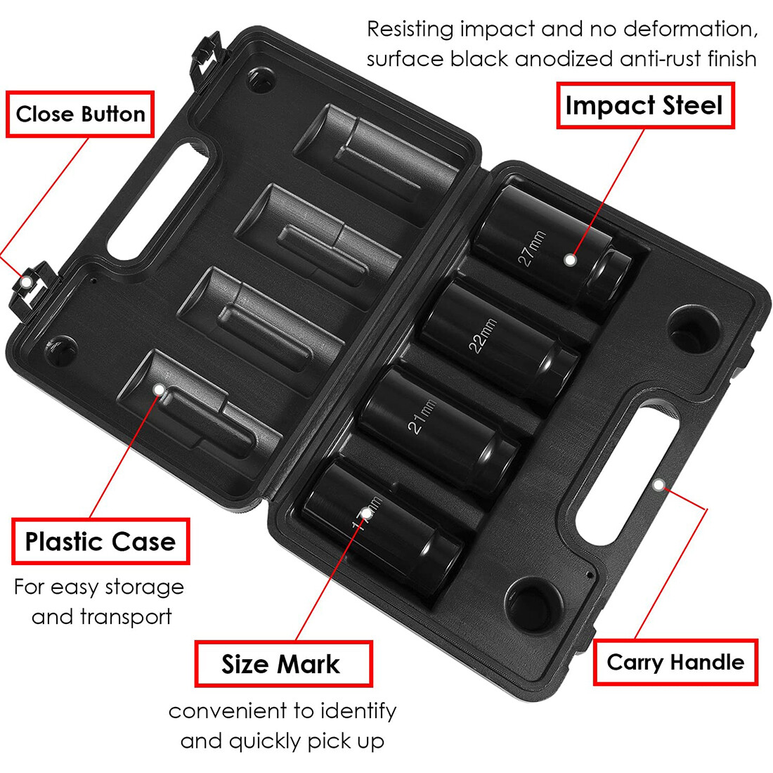 1/2″ Drive Deep Impact Socket Set 17mm 21mm 22mm 27mm Crank Bolt Socket Set 4pcs