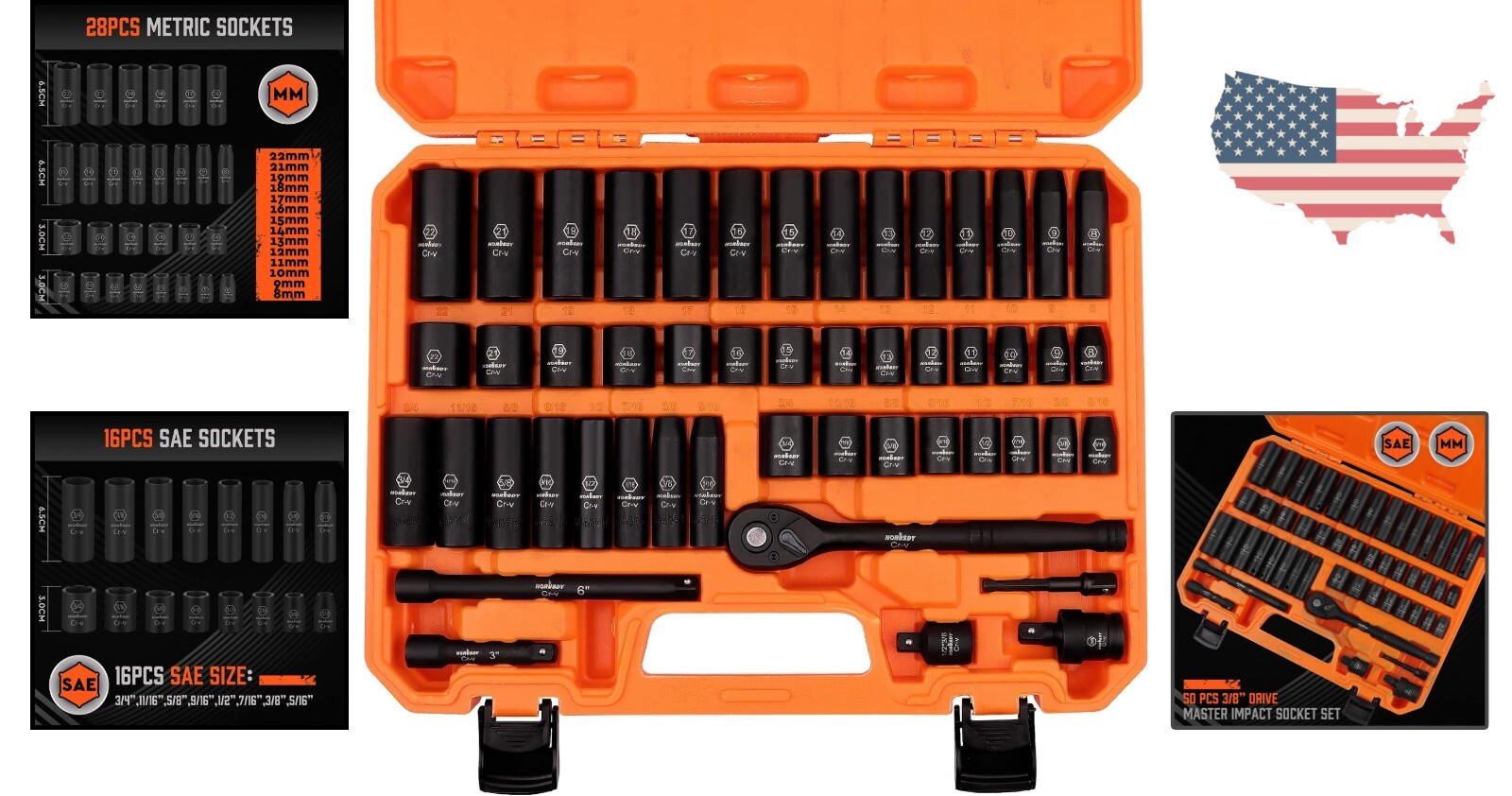 Premium 50-Piece Impact Socket Set – 3/8″ Drive – Standard SAE and Metric Sizes