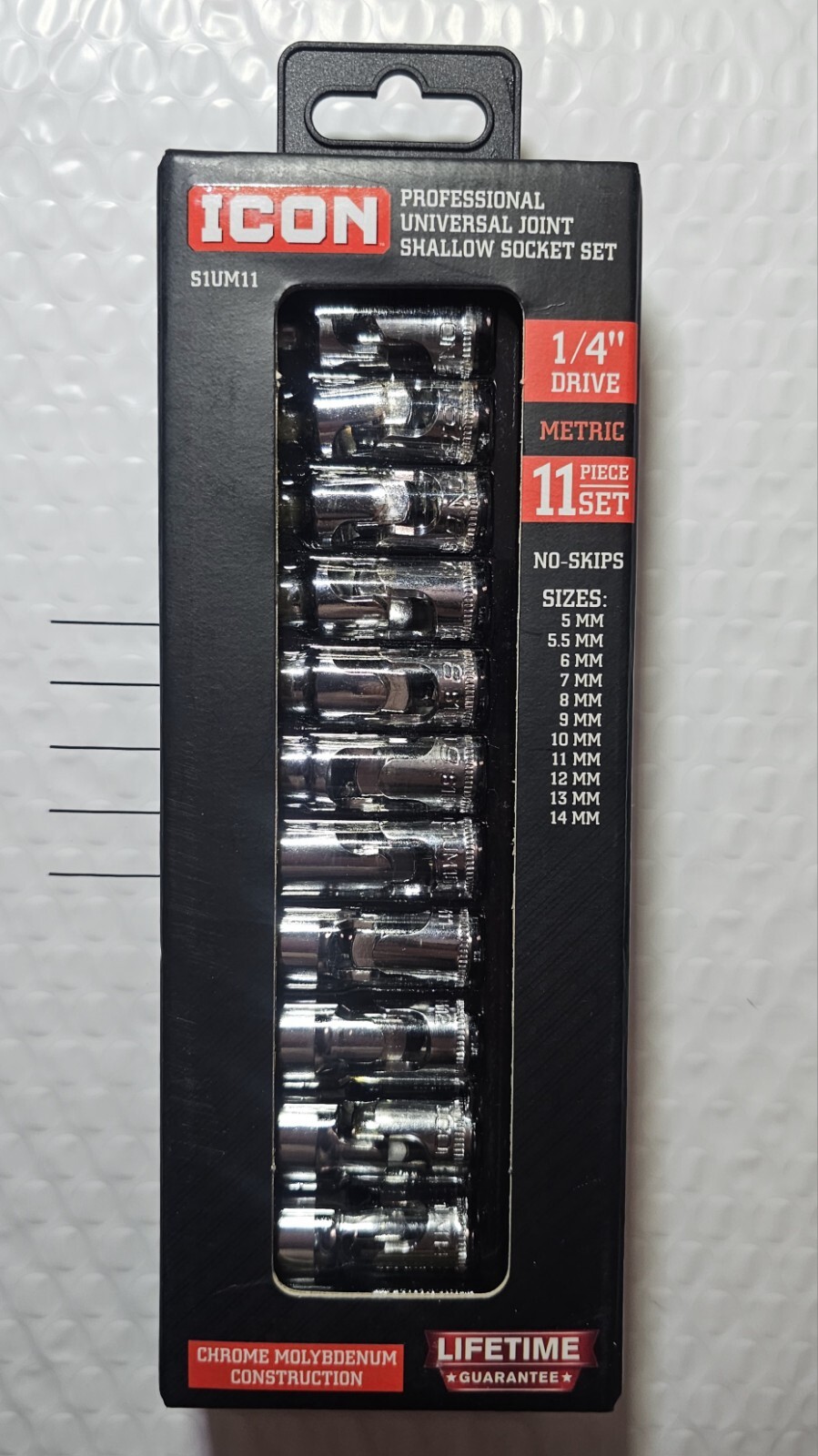 ICON 1/4″ DR METRIC 11 PC UNIVERSAL JOINT SHALLOW SOCKET SET S1UM11 NEW IN BOX